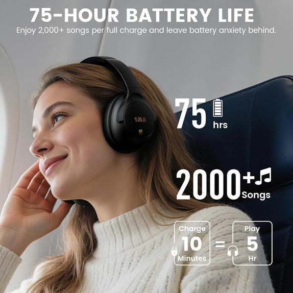 1Mii Y8 Active Noise Cancelling Headphones, Bluetooth 6.0 Headphones Wireless Over Ear, 75H Playtime Hi-Res Audio, AI Translation & Voice Chat, Custom EQ via APP for Airplane & Home Office - Black